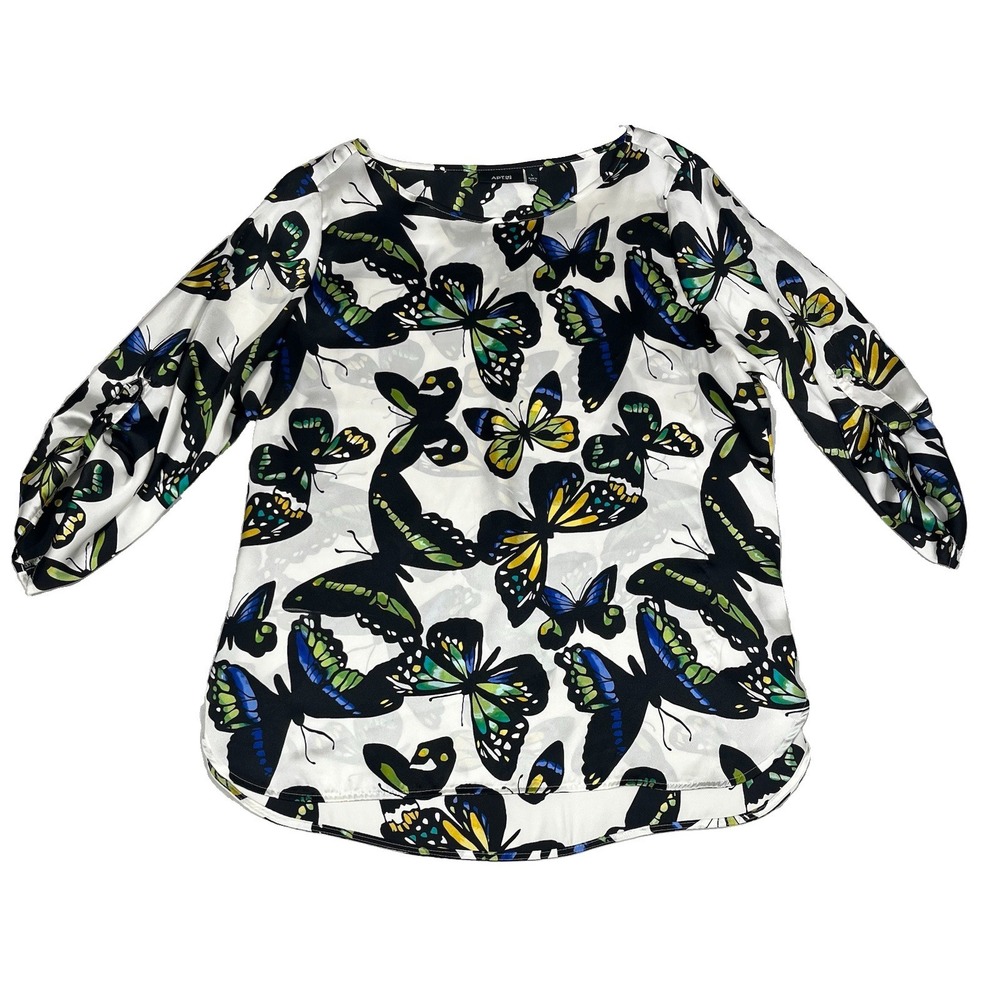 Apt. 9 Women's L Butterfly Sheer Blouse Long Sleeve Colorful Y2K Boho Top Casual